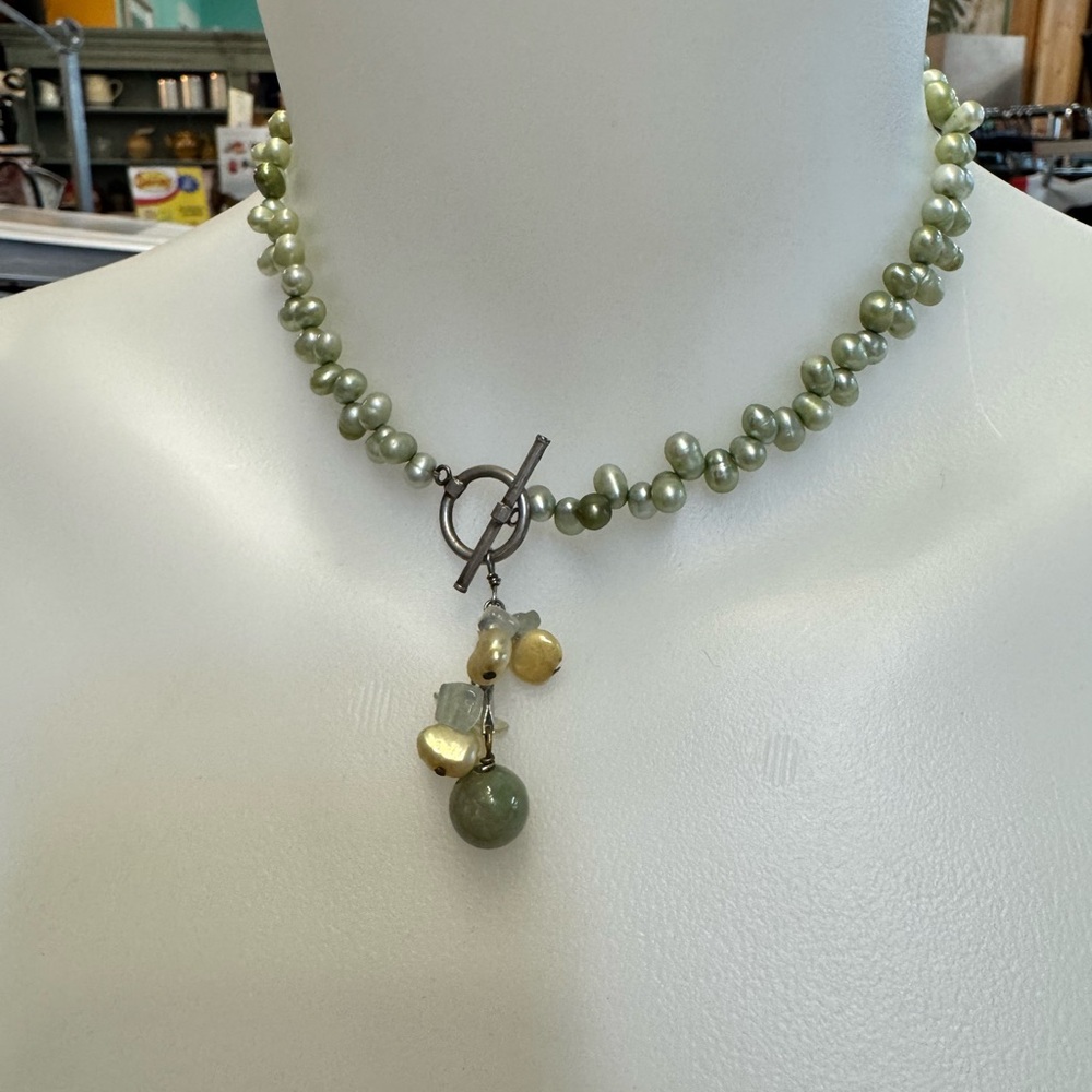 Artisan Made Green Pearl Necklace with Gemstone Drop